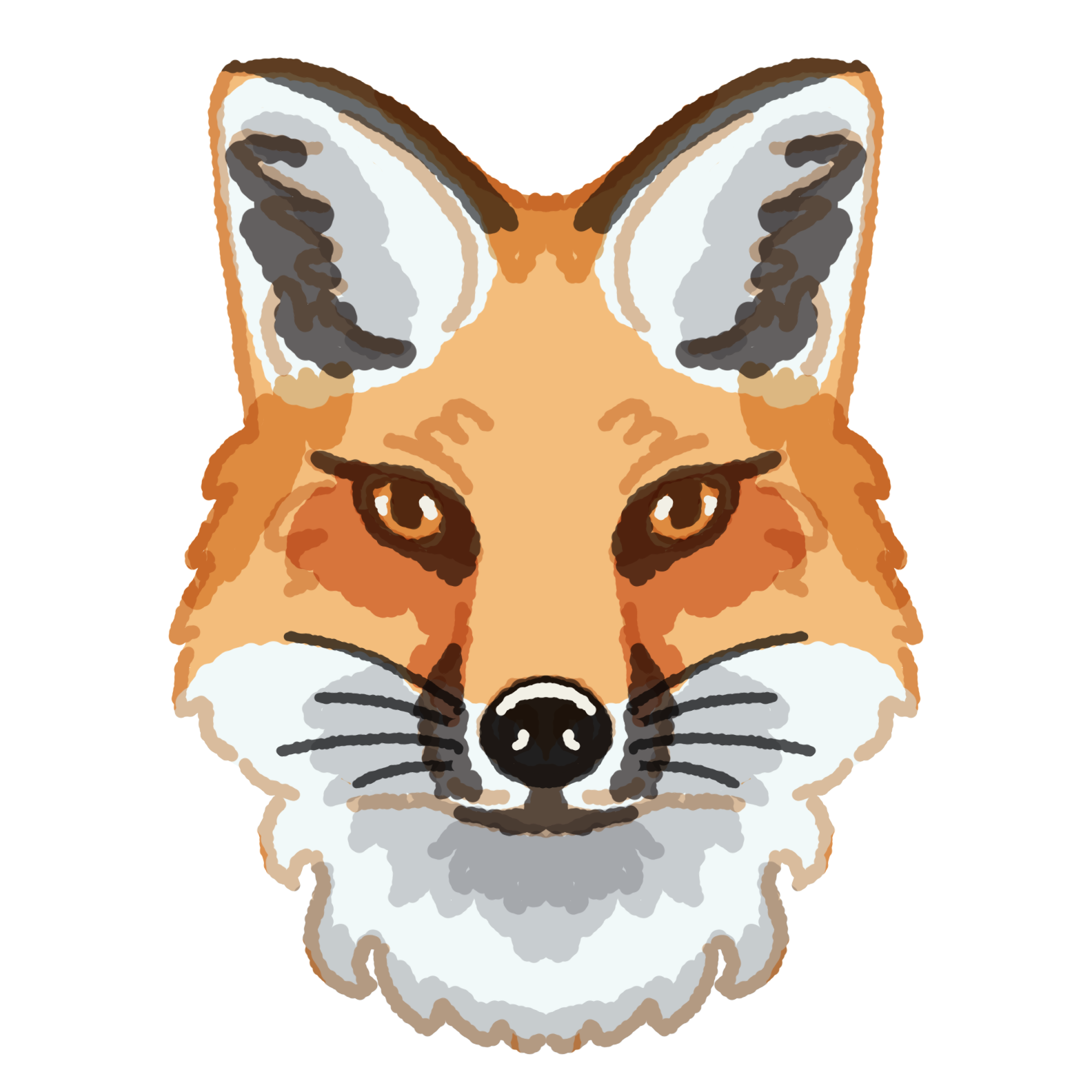  a front facing red fox. it is symmetrical and has white and red fur, with shading and highlights. 